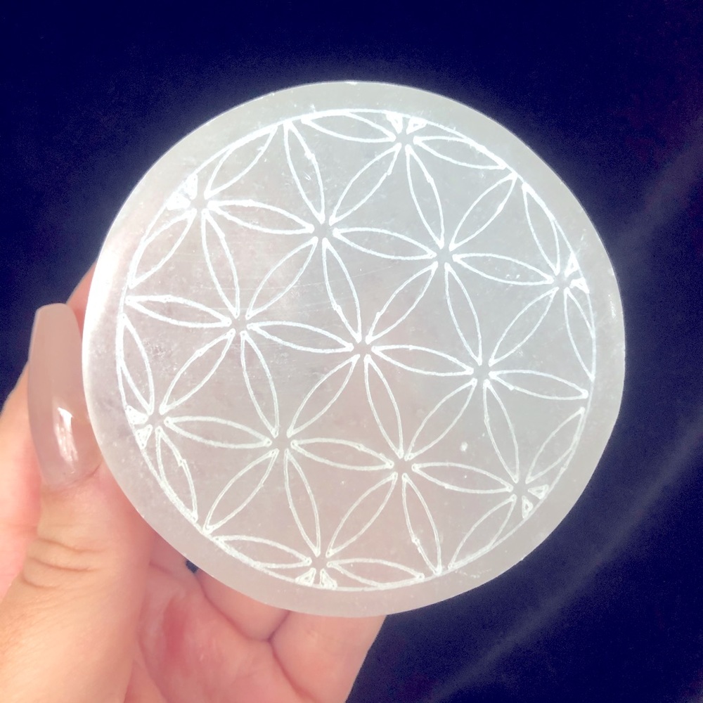 Flower of Life Carved Round Selenite Crystal Charging Plate